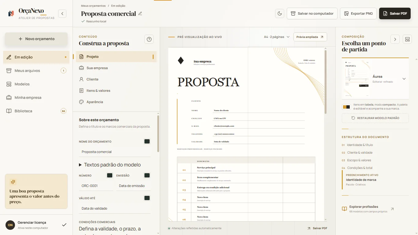 Editor do OrçaNexo mostrando ferramentas de personalização de proposta